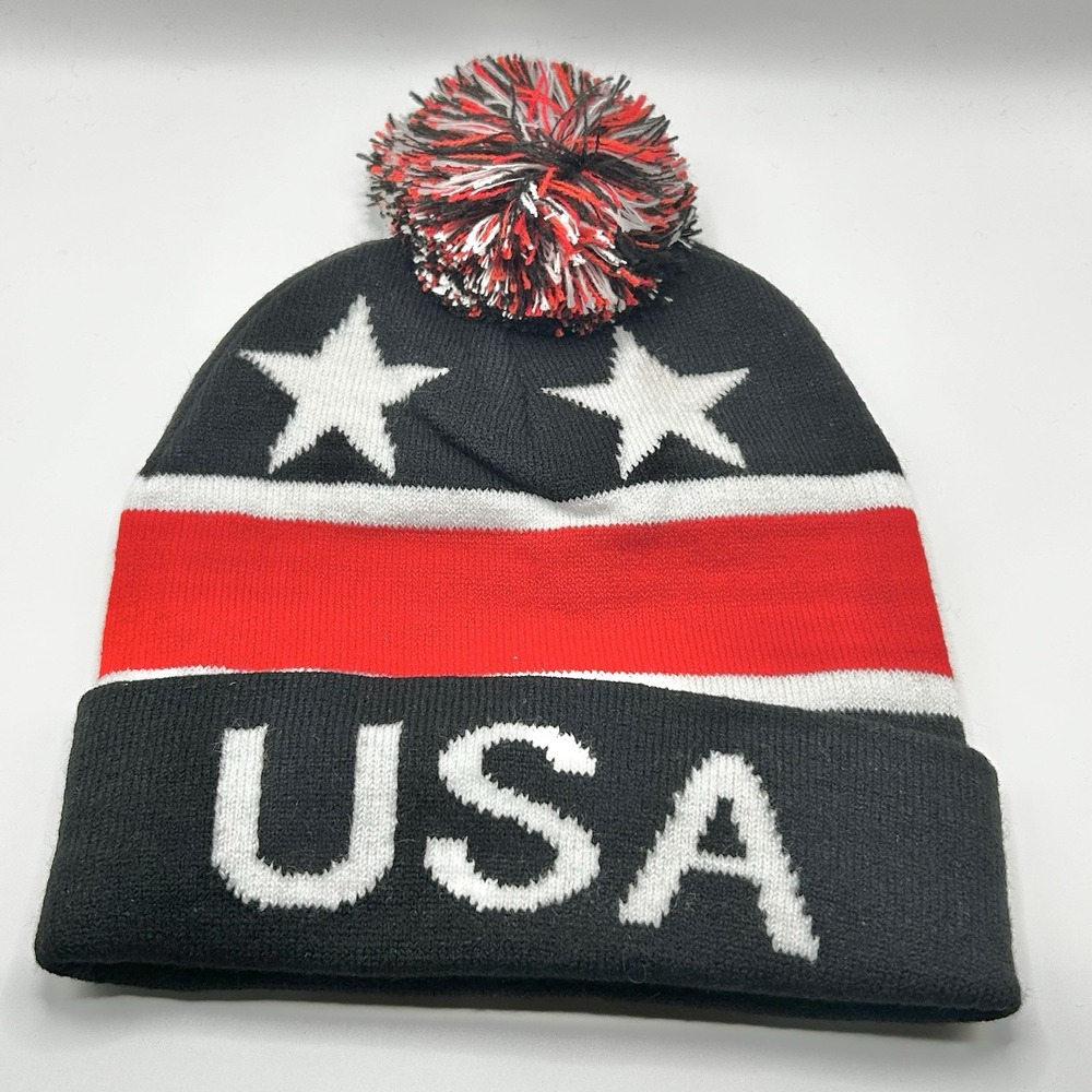 USA United States of America Stars Stripes Beanie Hat Cap Pom Cuff Knit Blue